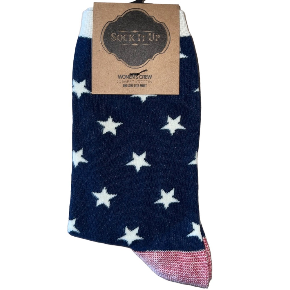 NWT Sock It Up Womens AOP of White Stars on a Field of Blue